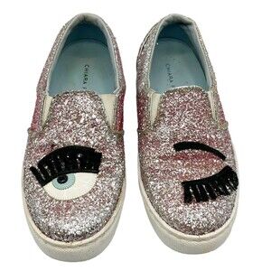 Chiara Ferragni Blink Eye Glitter Sneakers Silver Women’s Size 6 Slip-On Sparkle